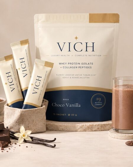 Pouch VICH Choco Vanilla dengan sachet dan segelas shake
